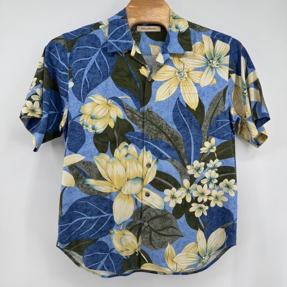 Tommy Bahama Silk Floral Camp Shirt Mens Large Blue Yellow Tropical Hawaiian - Picture 2 of 8